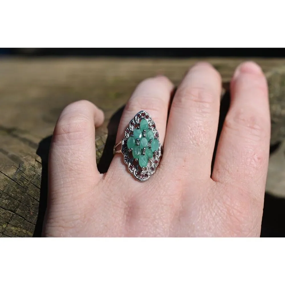 Emerald and garnet engagement ring size 8 in 925 sterling silver